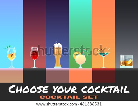 Retro poster with alcohol drinks in flat design style. Set of vector coctail icons.