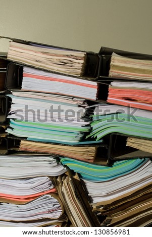 Stack of documents, papers and full binders with copyspace