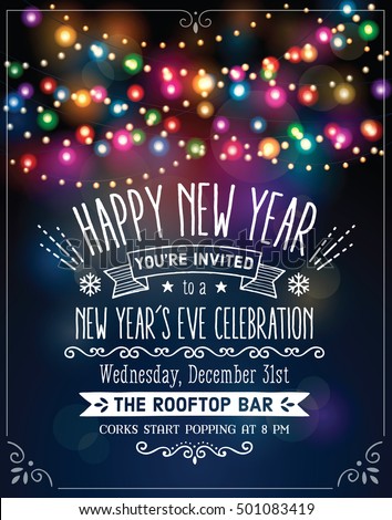 New Year&#039;S Eve Party Invitation Over Party Lights Background. Stock Vector Illustration