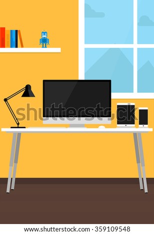 Creative workspace with computer, tablet, smart phone, desk lamp, books, gadgets and great window.