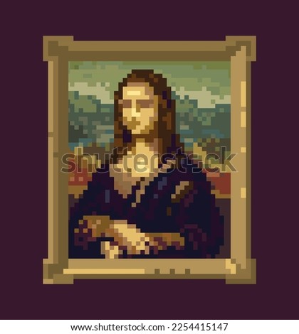 Pixel Art, Portrait of Mona Lisa, Leonardo da Vinchi in frame. Creative artwork, crypto art, modern digital pixelated canvas, NFT nonfungible token. World's Most Famous Painting. Vector illustration