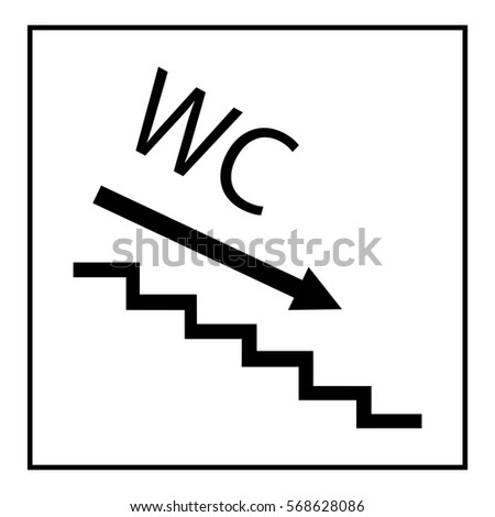 WC icon and arrow left in black square on white background. Sign restroom women and men. Symbol public washroom and bathroom. Template for poster,sign. Flat vector image. Vector illustration.