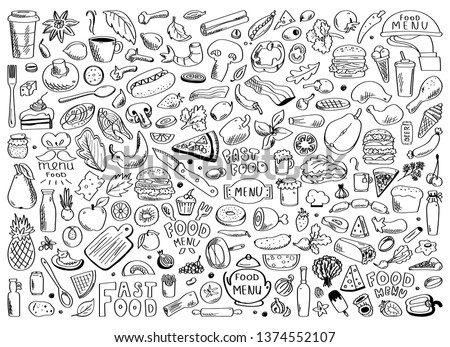 Hand drawn set of healthy food ingredient doodles with lettering in vector