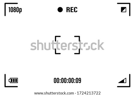 Camera screen with white frame, figures and battery symbol. Camcorder viewfinder on black background. Vector illustration for your graphic design.