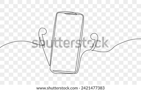 Bluetooth headset with cell phone. Draw one continuous line. Vector illustration. bluetooth headset with mobile phone on transparent background. Simple line illustration.