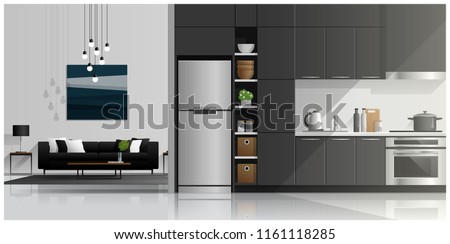 House interior scene with modern kitchen and living room , vector , illustration