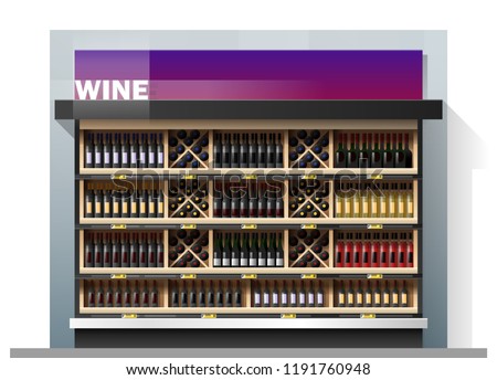 Various bottles of wine display on shelf in supermarket , vector , illustration