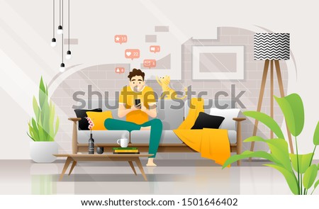 Happy young man using smartphone while sitting on sofa in living room, relaxing at home with his cat ,vector , illustration