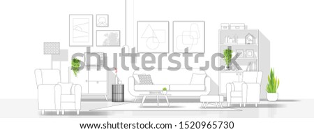 Interior design with modern living room in black line sketch on white background, vector illustration