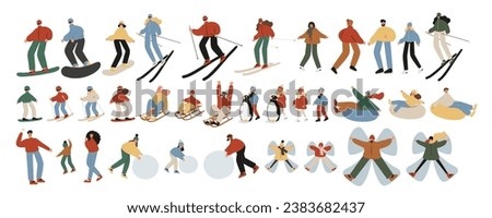 Set of winter season activities illustrations, people skiing, snowboarding, ice skating, sledding, tubing, playing snowballs, building snowman, making snow angel vector clipart, flat style images.