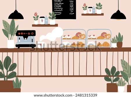 Dog-Friendly Coffee Shop Interiors and Exteriors. 
Background images of cafe with cozy seating and tables, lush potted plants. Beanery scenes with facade and patio seating. Flat vector illustration.