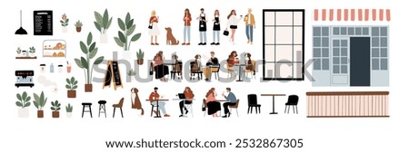 Dog Friendly Coffee Shop Set Clipart. People enjoying coffee, working, relaxing in the cafe with their furry friends flat vector illustration. Baristas preparing drinks in beanery.