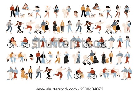 Vector illustration of diverse characters in everyday urban scenes. People walking dogs, skating, using wheelchairs, pushing strollers. Couples, families, individuals of various ages and ethnicities.