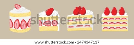 Hand drawn illustration set of strawberry sponge cake in various shapes