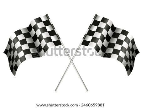 2 Black and white leather football (soccer) ball, isolated on white, vector illustration, Black white race or checkered flag with wooden stick isolated background. motorsport car racing