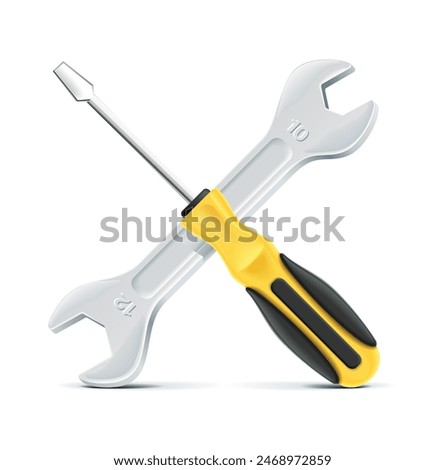 Realistic set of tools of master mechanic or plumber. 3d vector illustration of a wrench, adjustable wrench and screwdriver
