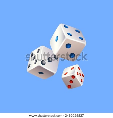 Dice. Three dices with colorful dots on a blue background. 3D effect Vector illustration. White dice isolated on blue background. Vector illustration.
