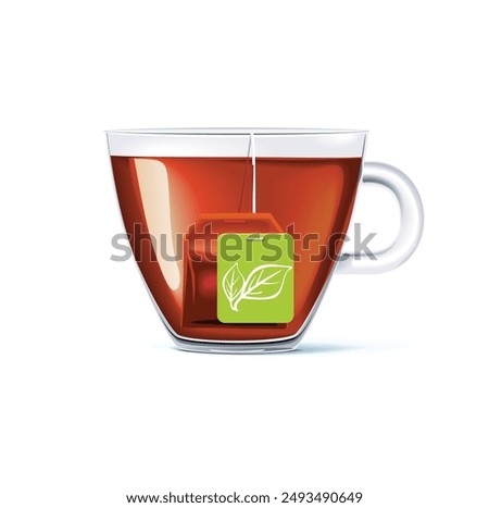 Realistic 3d vector illustration of tea drink. Cup of tea isolated on white.  Herbal tea. Transparent glass mug. Red bush caffeine free Aspalathus herbal infusions