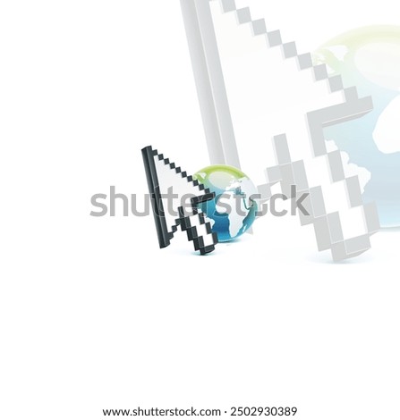 vector arrow. 3d cursor and earth. Pixel mouse cursor . Arrow pointer and finger. globe earth