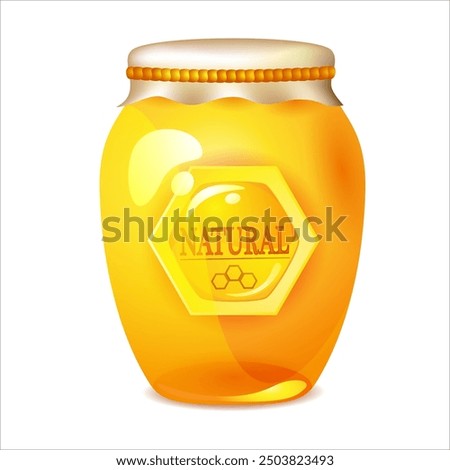 3d realistic isolated vector honey jar and with liquid. Tasty natural honey in glass jar and dipper isolated on white
