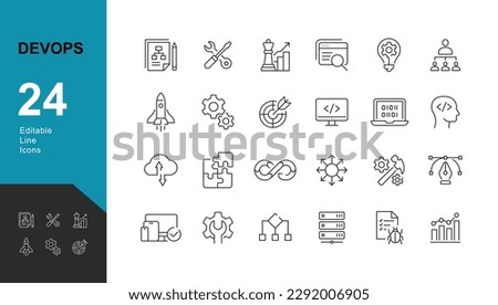 Development Line Editable Icons set. Vector illustration in modern thin line style of DevOps icons: application development stages, testing, programming, IT operations. Pictograms and infographics.