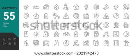 Electricity and Energy Line Editable Icons set. Vector illustration in modern thin line style of industrial  icons: electric transport, electrical equipment, energy sources. Pictograms and infographic