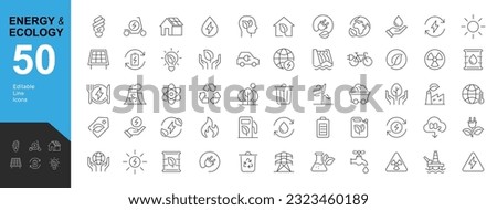 Energy and Ecology Line Editable Icons set. Vector illustration in modern thin line style of  eco related  icons: protection, planet care, natural recycling power. Pictograms and infographics 