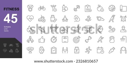 Fitness Line Editable Icons set. Vector illustration of modern thin line style icons of the components of an active lifestyle: types of physical activity, proper nutrition, and sports equipment.
