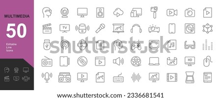 
Multimedia Line Editable Icons set. Vector illustration in thin line style of modern digital technology icons: photo, video, music, audiovisual equipment, and more. Isolated on white
