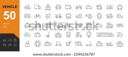 Vehicle Line Editable Icons set. Vector illustration in modern thin line style of transport icons types: taxi, train, helicopter, bus, ship, plane, tram and more.