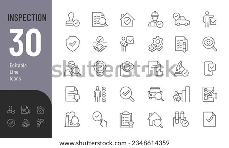 Inspection Line Editable Icons set. Vector illustration of verification web icons in thin line style: inspector, testing, inspection report, quality control, house inspection. Isolated on white