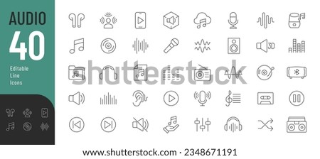 Audio Line Editable Icons set. Vector illustration in thin line style of modern sound related icons: recording equipment, players, speakers, sound waves, and more. Isolated on white