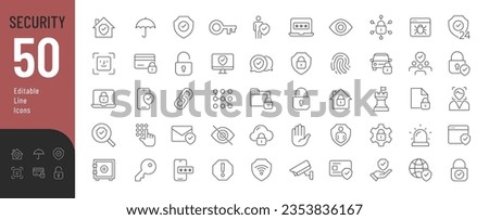 Security and Protection thin line icons set. Vector illustration in modern thin line style of editable protection symbols: cybersecurity, passwords, warnings, personal data protection, and more.