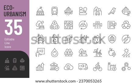 Eco Urbanism Line Editable Icons set. Vector illustration in modern thin line style of city ecology related icons: urban ecosystems, zero waste, urban design, green energy, air and water quality.