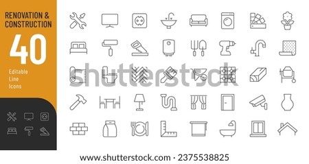 Construction and Renovation Line Editable Icons set. Vector illustration in modern thin line style of  home repair related  icons: finishing building materials, household appliances, furniture, decor.