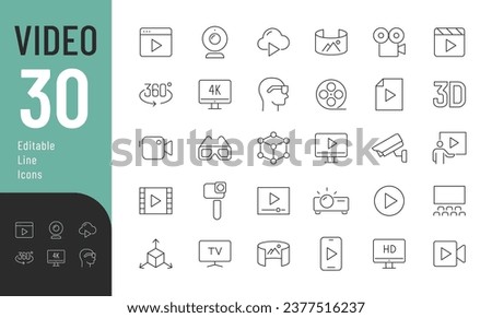 Video Line Editable Icons set. Vector illustration in thin line modern style of movie related icons: gadgets for video shooting and playback, video formats, web camera and outdoor surveillance camera.