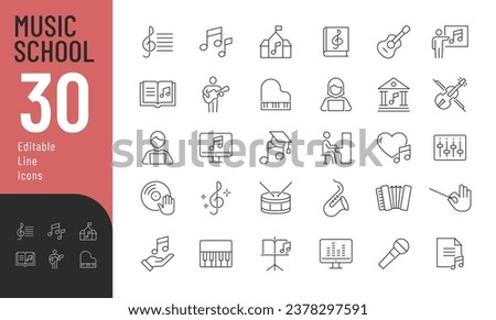Music School Line Editable Icons set. Vector illustration in thin line style of modern Music related icons: instruments, students, sheet music, scores.  Isolated on white