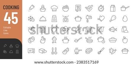 Cooking Line Editable Icons set. Vector illustration in thin line modern style of cooking process, main ingredients and kitchen utensils icons. Isolated on white.