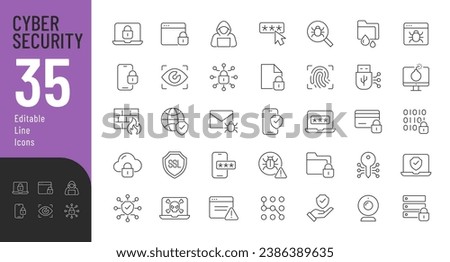 Cyber Security Line Editable Icons set. Vector illustration in thin line modern style of cyber protection related icons: personal data protection, passwords, types of cyber dangers, and more.