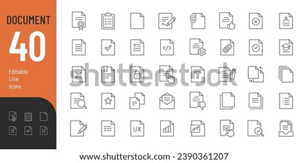 Document Line Editable Icons set. Vector illustration in thin line modern style of paper documentation icons: text documents, lists, folders, contracts, and more. Isolated on white
