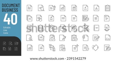 Business Document Line Editable Icons set. Vector illustration in thin line modern style of paper documentation icons: text documents, lists, folders, contracts, and more. Isolated on white