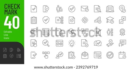 Check Mark Line Editable Icons set. Vector illustration in thin line modern style of confirmation mark related icons: documentation, selection, training, conventions and buttons. Isolated on white