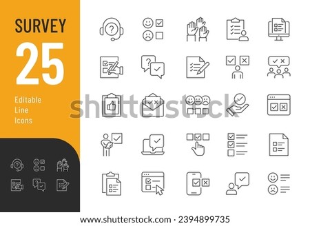 Survey Line Editable Icons set. Vector illustration in thin line modern style of confirmation mark related icons: documentation, selection, feedback, exam, and other. Isolated on white