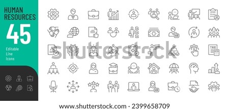 Human Resources Line Editable Icons set. Vector illustration in thin line modern style of business related icons: requirements for employee, organization, searching, and more. Isolated on white.