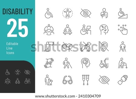 Disability Line Editable Icons set. Vector illustration in modern thin line style of  handicap related icons: features of physical and mental development, assistive devices, inclusivity, and more.