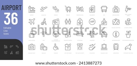 
Airport Line Editable Icons set Vector illustration in modern thin line style of air station related icons: departure and arrival areas, passport control, luggage, and more. Isolated on white.
