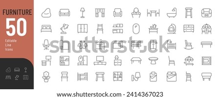 Furniture Line Editable Icons set Vector illustration in modern thin line style of furniture and decor related icons: upholstered, cabinet and garden furniture, decorative and lighting elements.