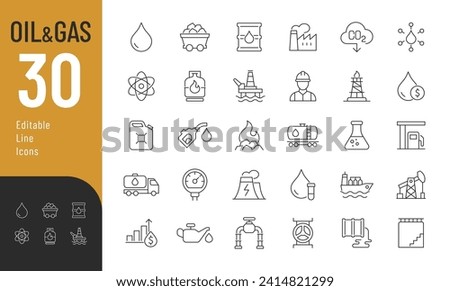 Oil And Gas Line Editable Icons set Vector illustration in modern thin line style of fossils fuel related icons: production, processing, transportation of oil and gas, and more. Isolated on white.