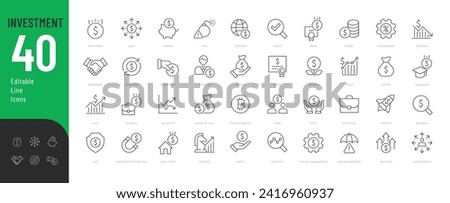 Investment Line Editable Icons set. Vector illustration in modern thin line style of business related icons: types of investments, economics, profit, savings, and more. Isolated on white.