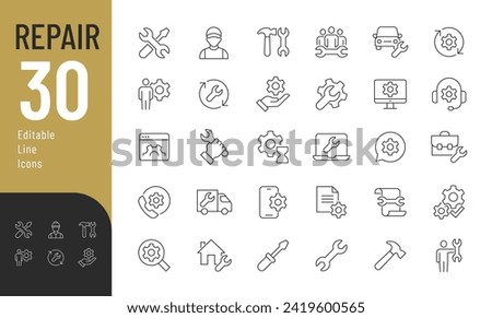 Repair Line Editable Icons set. Vector illustration in modern thin line style of fix related icons:  tools, repairman, troubleshooting equipment and electronics, and more. Isolated on white